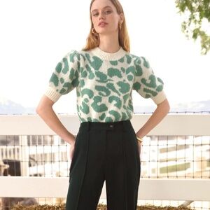 Jacquard Puff Sleeve Animal Print Sweater